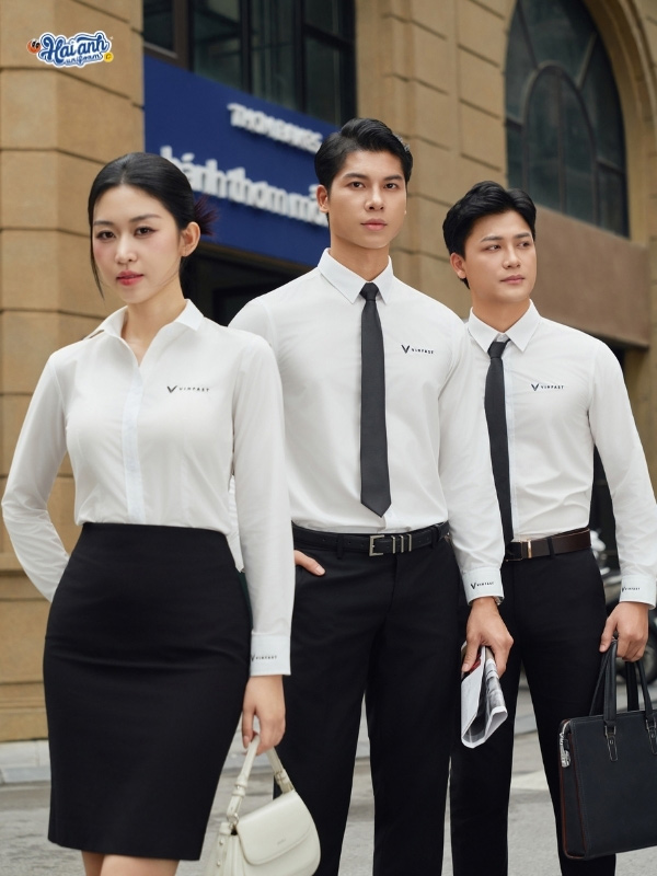 Sơ mi đồng phục Vinfast màu trắng chất liệu Multicool trơn cao cấp tại Hải Anh Uniform