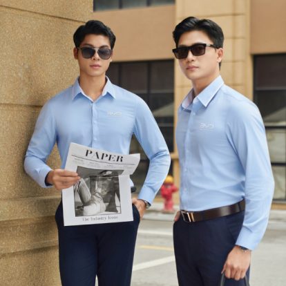 Mẫu Áo Sơ Mi Đồng Phục Công Ty Dài Tay Màu Xanh Phối Trắng BYD -2