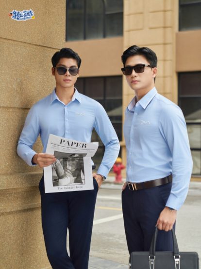 Mẫu Áo Sơ Mi Đồng Phục Công Ty Dài Tay Màu Xanh Phối Trắng BYD -2