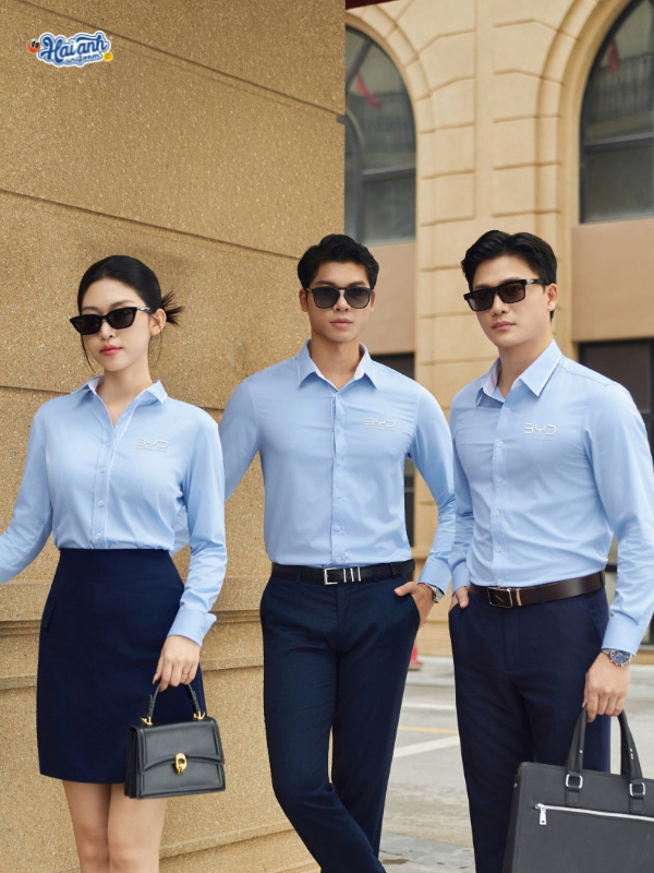 Mẫu Áo Sơ Mi Đồng Phục Công Ty Dài Tay Màu Xanh Phối Trắng BYD -1