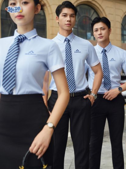 Mẫu Áo Sơ Mi Đồng Phục Công Ty Ngắn Tay Màu Xanh Hòa Phát- 2
