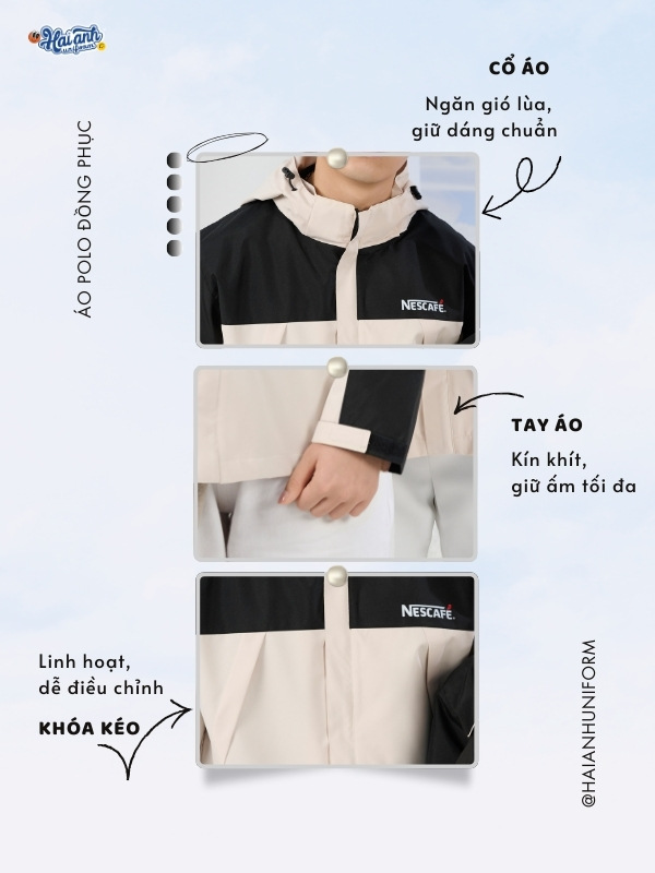 Chi tiết thiết kế áo khoác đồng phục Nescafe màu be phối đen