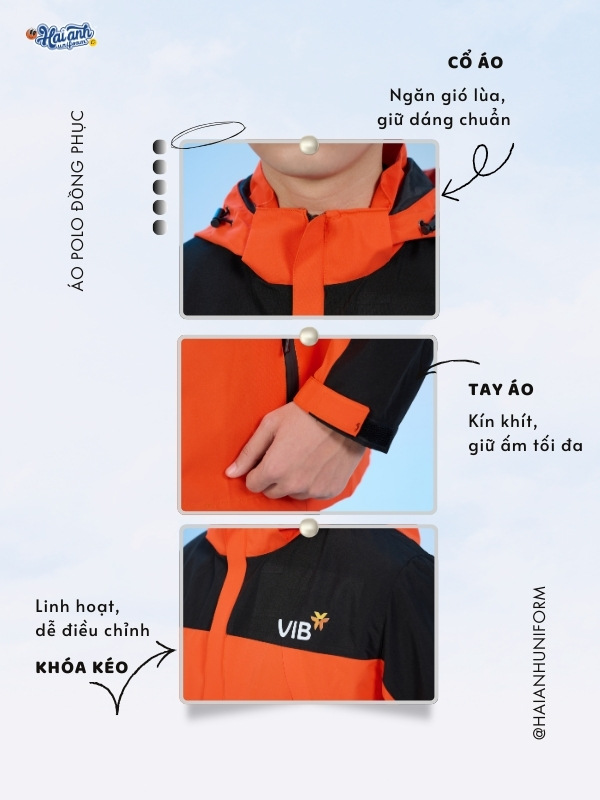 Chi tiết thiết kế áo khoác đồng phục công ty Fastuni màu cam phối đen VIB