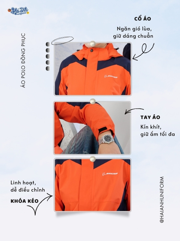 Chi tiết thiết kế đồng phục áo khoác Fastuni màu cam phối xanh đen Boeing
