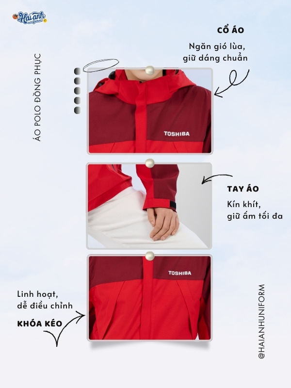 Chi tiết thiết kế đồng phục áo khoác Toshiba màu đỏ phối đỏ mận