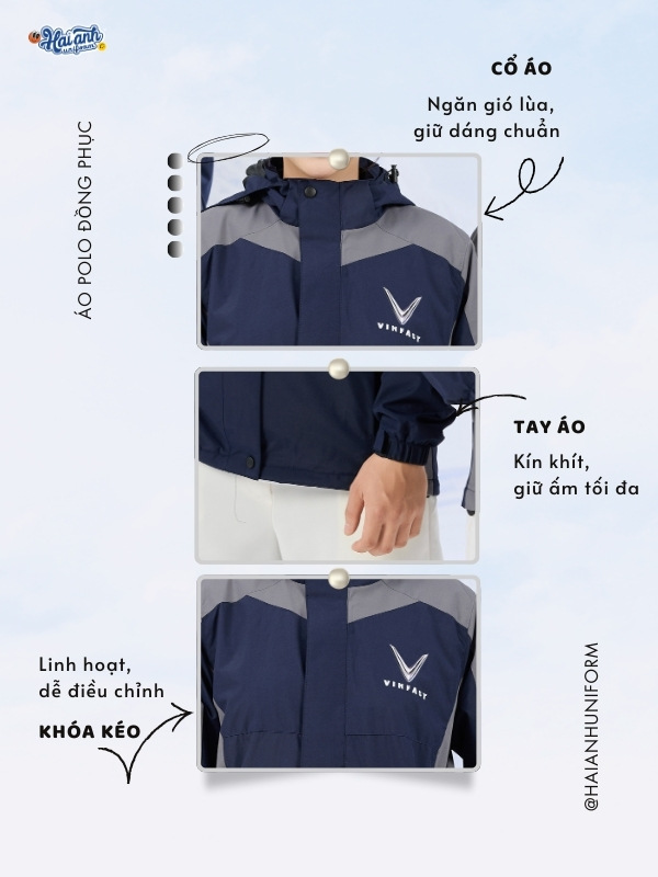 Chi tiết thiết kế mẫu đồng phục áo khoác Vinfast màu xanh đen phối ghi đậm