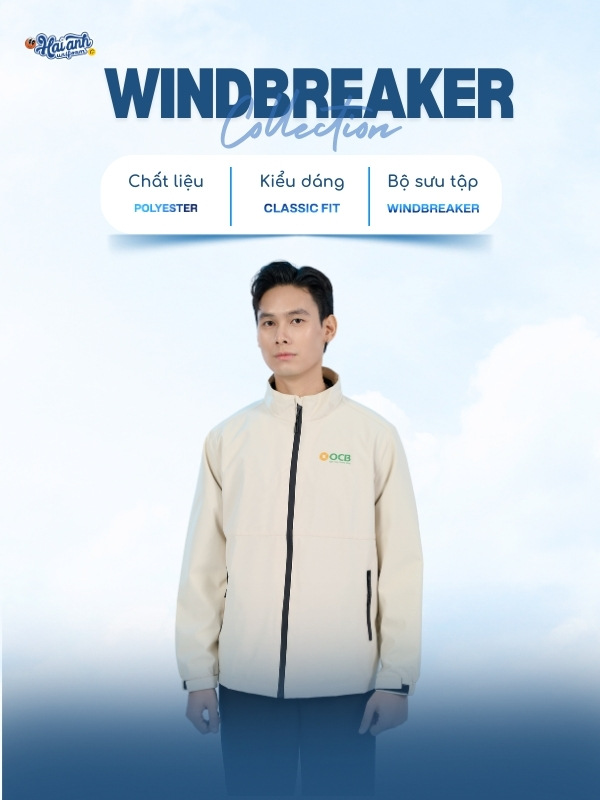 Áo khoác Windbreaker sở hữu màu be OCB form dáng suông hiện đại