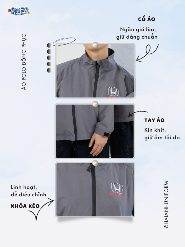 Chi tiết thiết kế áo khoác đồng phục Windbreaker Honda màu ghi đậm