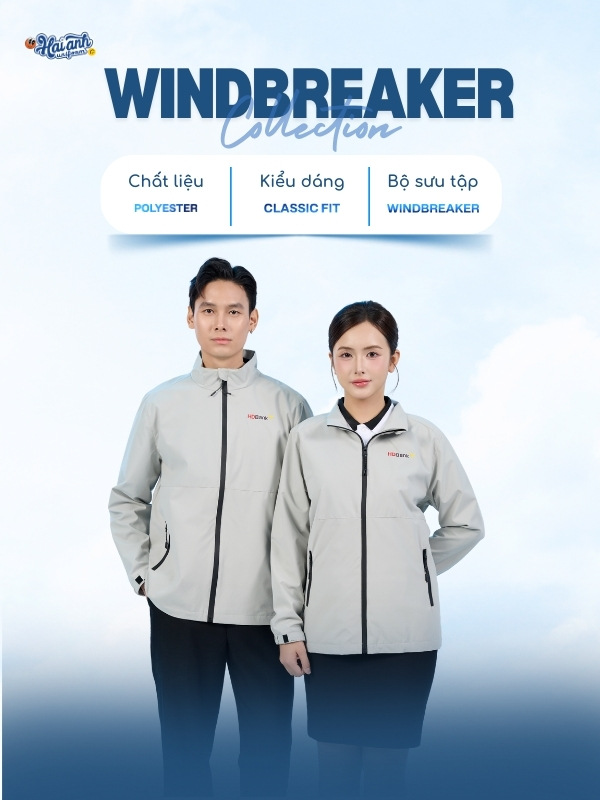 Áo khoác Windbreaker màu xám trắng HDbank trẻ trung, hiện đại