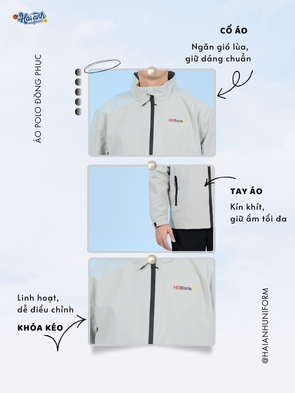 Chi tiết thiết kế mẫu áo khoác gió đồng phục Windbreaker màu xám trắng HDBank