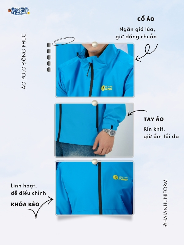 Chi tiết thiết kế áo khoác đồng phục Windbreak màu xanh ya Điện Máy Xanh