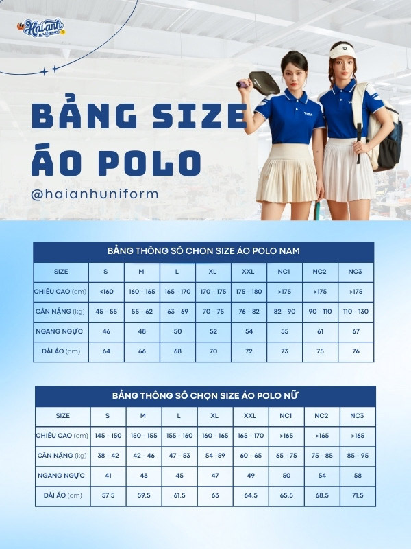 Bảng size mẫu áo polo đồng phục công ty Color Fuse màu bích phối trắng gạo