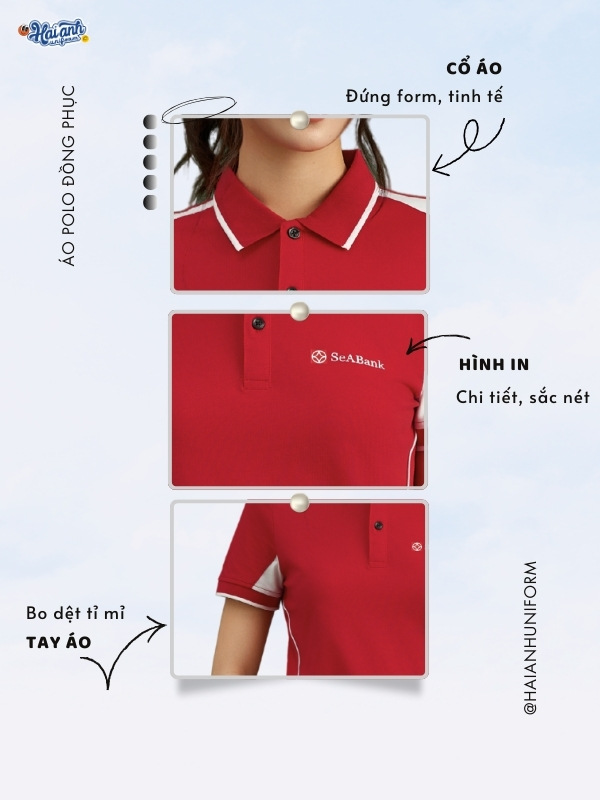 Chi tiết thiết kế áo polo đồng phục công ty Color Fuse màu đỏ phối trắng gạo