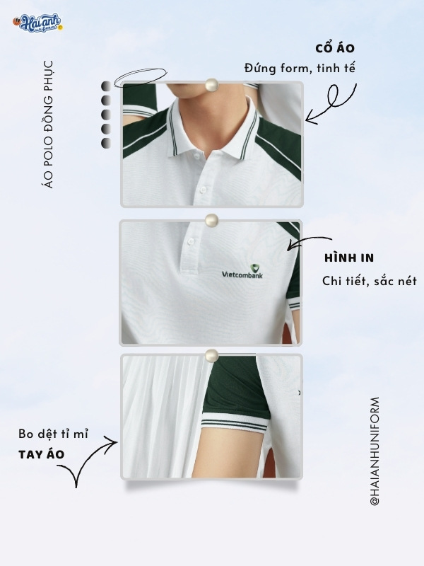 Chi tiết thiết kế đồng phục áo polo Color Fuse màu trắng gạo phối ve chai