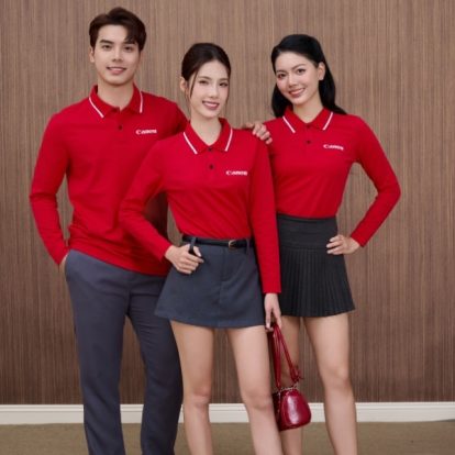 Mẫu áo polo đồng phục công ty dài tay Canon màu đỏ-2