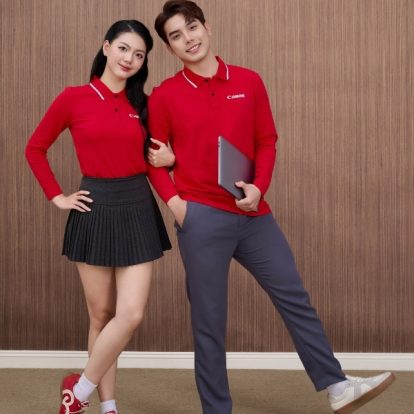 Mẫu áo polo đồng phục công ty dài tay Canon màu đỏ-1