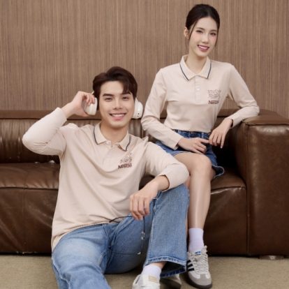 mẫu áo polo đồng phục công ty dài tay Nestle màu be - 2