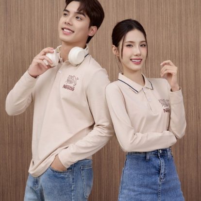 mẫu áo polo đồng phục công ty dài tay Nestle màu be - 1