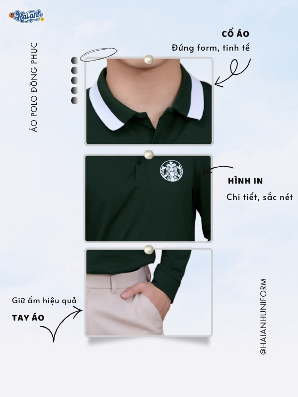 Chi tiết thiết kế áo polo dài tay đồng phục màu ve chai Starbucks