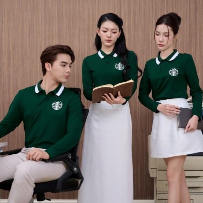 Mẫu Áo Polo Đồng Phục Công Ty Dài Tay Starbucks Màu Ve Chai-2