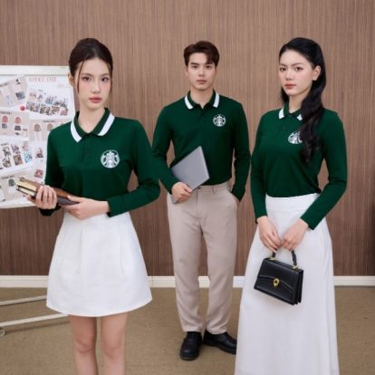 Mẫu Áo Polo Đồng Phục Công Ty Dài Tay Starbucks Màu Ve Chai-1